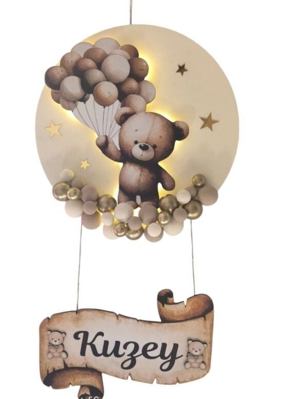 Kahve tonlu Işıklı Ayıcık Dekorlu Toplu Kapı Süsü