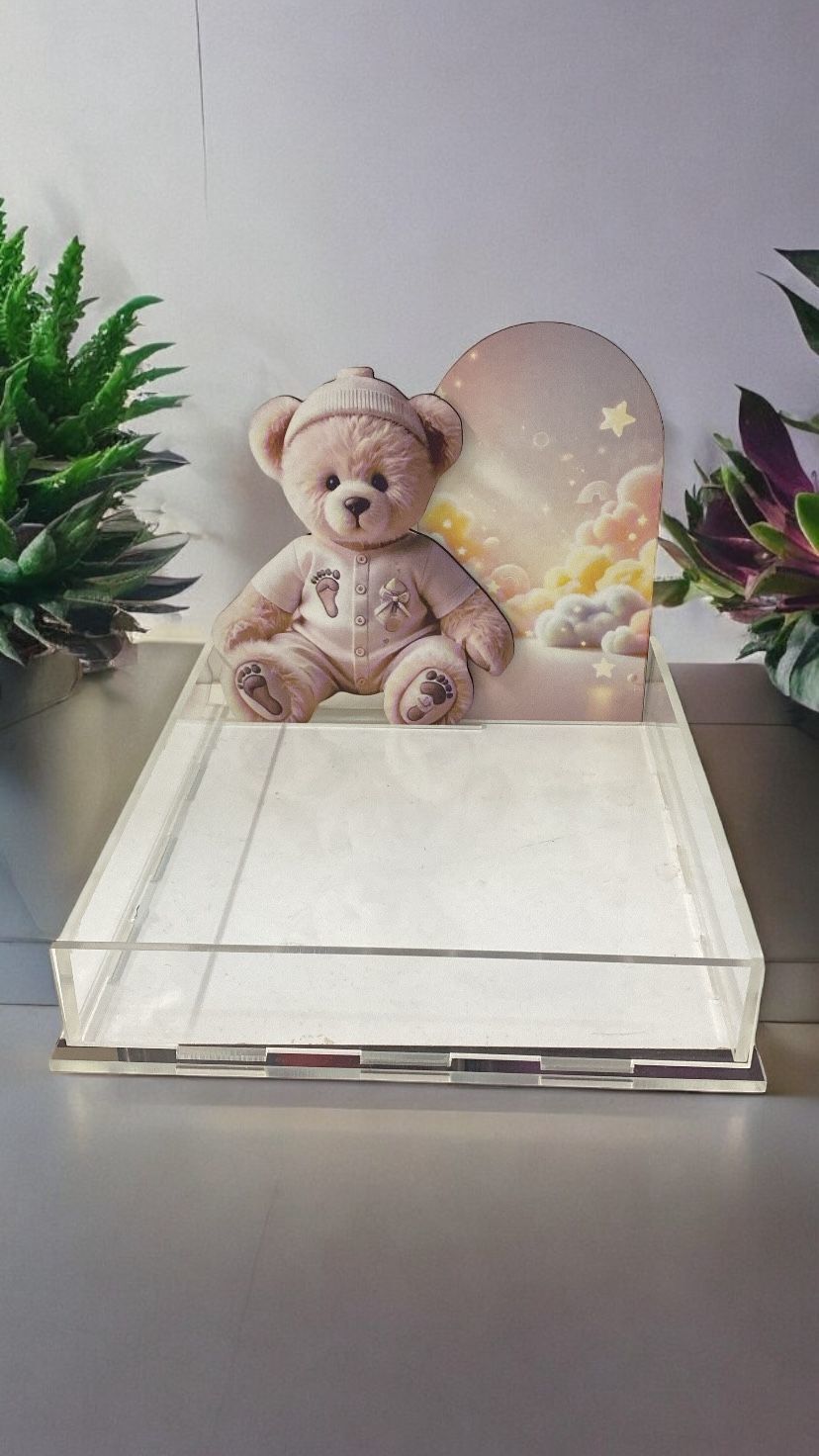 Krem kahve ayıcık  dekorlu Pleksi çikolata kutusu
