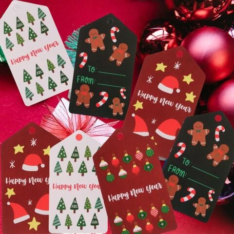 50 Li Yılbaşı Mutlu Yıllar Yazılı Hediye Etiketi, Delikli Yeni Yıl Paketleme Kartı