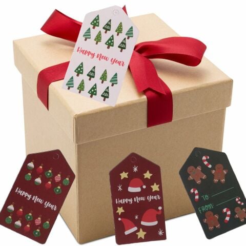 50 Li Yılbaşı Mutlu Yıllar Yazılı Hediye Etiketi, Delikli Yeni Yıl Paketleme Kartı