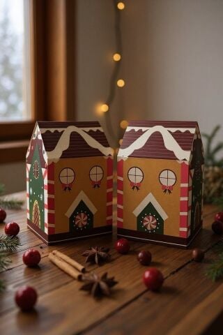 12 Li Yılbaşı Ev Tasarımlı Karlı Kahve Çatılı Kutu Çanta