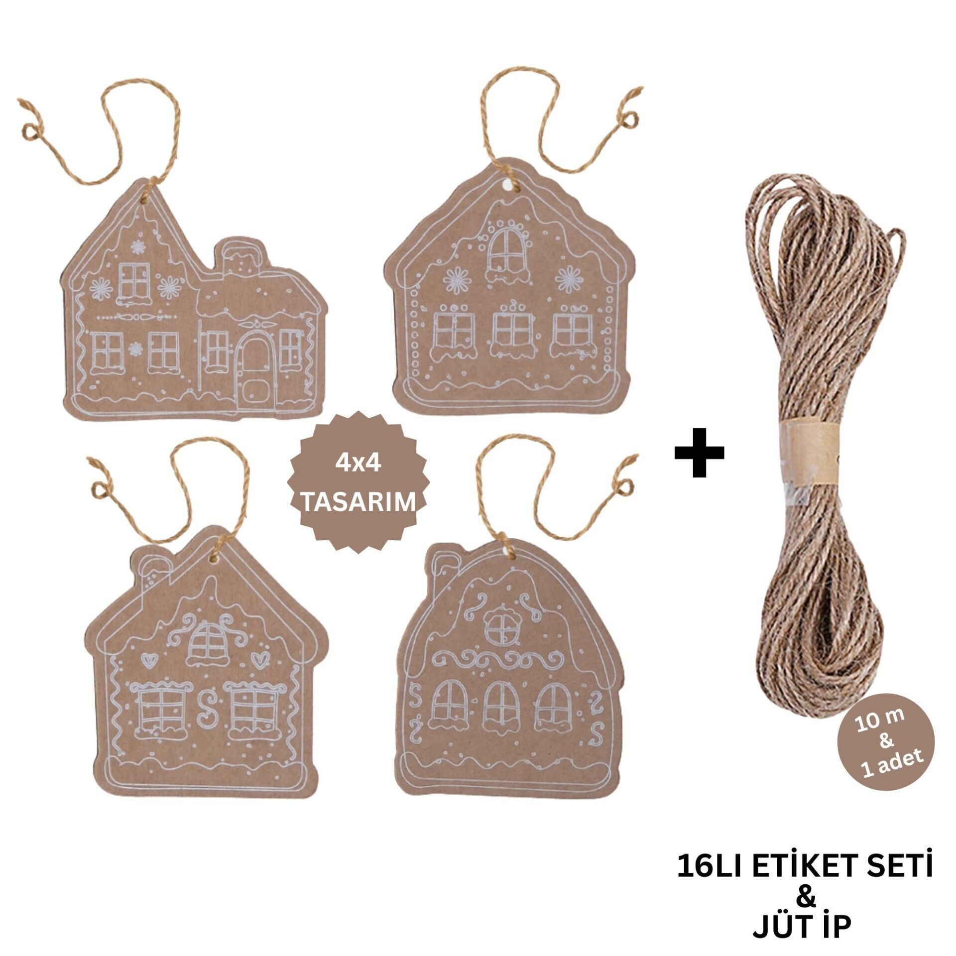 Yılbaşı, Gingerbread Ev Tasarımlı Hediye Etiket  Kraft Delikli Tebrik Kartı Seti