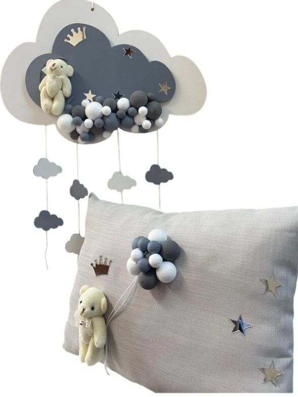 Gri Işıklı Kabartmalı Bulut Kapı Süsü & Yastık Takımı