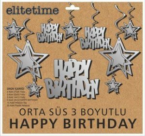 ORTA SÜS 3 BOYUTLU HAPPY BIRTHDAY GÜMÜŞ