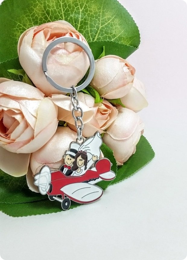 20 li Uçakta Gelin Damat Nikah Şekeri Anahtarlık (Parlak Metal)