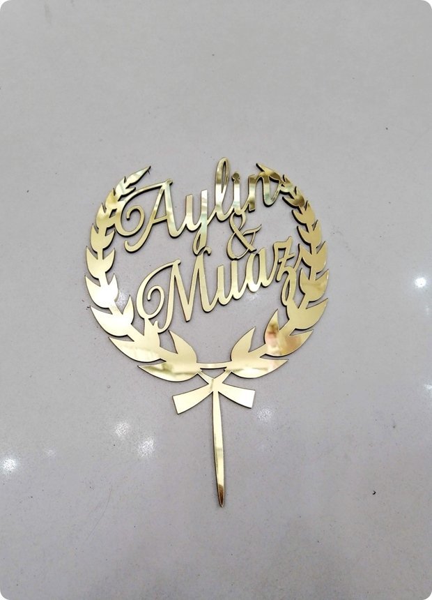 Çubuklu isme özel Pleksi zeytin dalı pasta süsü  (17x23)