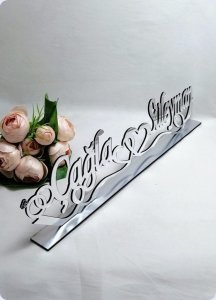Masaüstü isimlik Alyanslı Çift Kalpli Ahşap + Pleksi isimlik