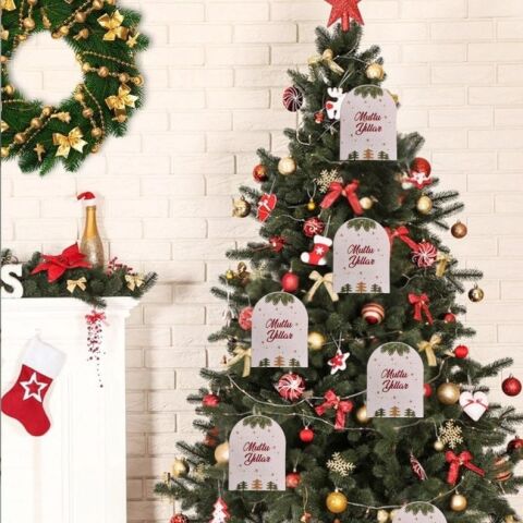 50 Li Yılbaşı Mutlu Yıllar Yazılı Hediye Etiketi, Delikli Yeni Yıl Paketleme Kartı