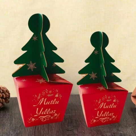 12 li Yılbaşı Çam Ağacı Saplı Hediye Kutu