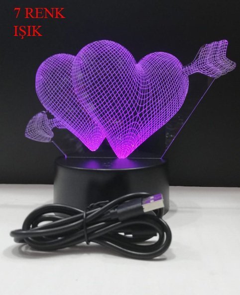 3D Işıklı İki Kalpli Gece Lambası Kumandalı