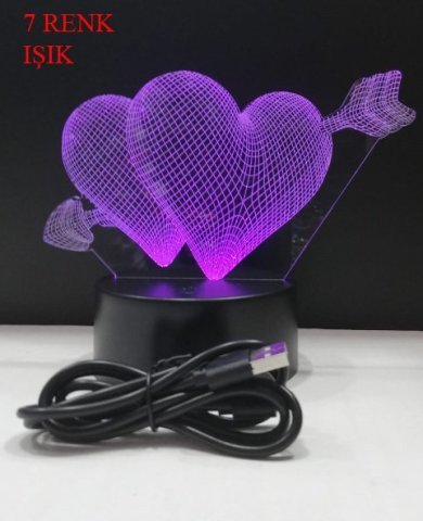3D Işıklı İki Kalpli Gece Lambası Kumandalı