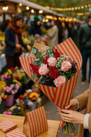 10 lu Kraft Kırmızı (Verev çizgili) Hediye Pakedi / Buket Kağıdı