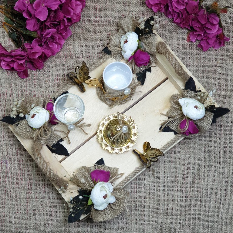 Kelebekli kulplu ahşap damat kahvesi (tepsi)