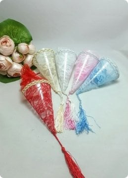 10 lu Kırmızı Dantelli Şeffaf Pvc Çerezlik Külah (Kına söz,nişan,nikah)