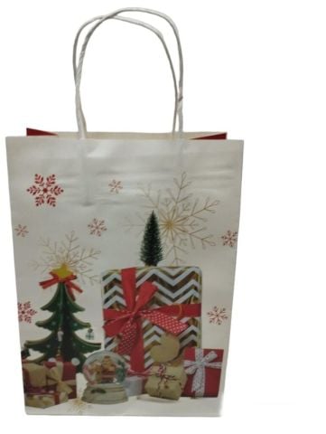 12 Li 26x33 cm Büküm saplı Kağıt Çanta-Poşet Beyaz Zemin Yılbaşı Hediye Paketli