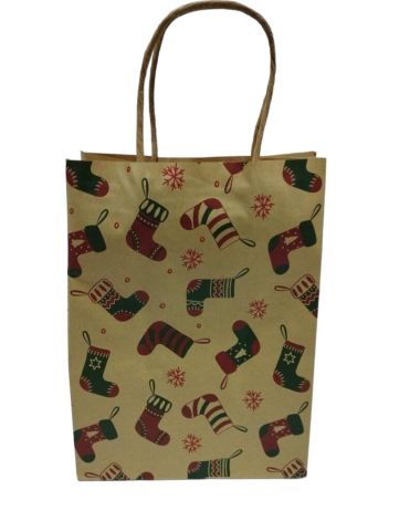 12 Li 26x33 cm Büküm saplı Kağıt Çanta-Poşet Kraft Yılbaşı Çoraplı