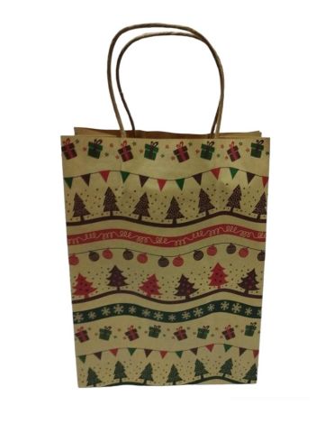 12 Li 19x26 cm Büküm saplı Kağıt Çanta-Poşet Kraft Yılbaşı Ağaçlı