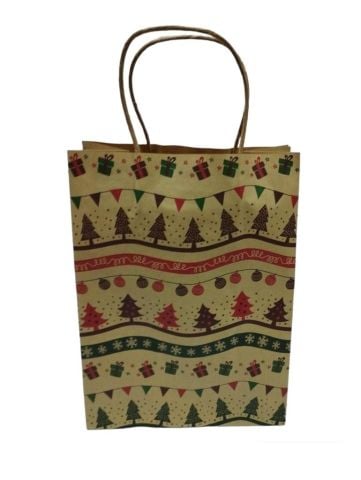 12 Li 19x26 cm Büküm saplı Kağıt Çanta-Poşet Kraft Yılbaşı Ağaçlı