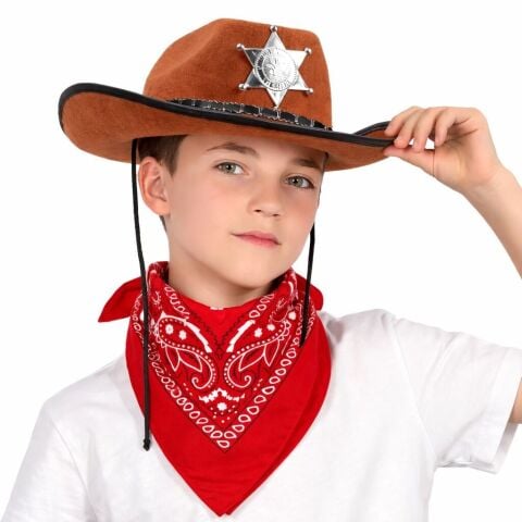 Çocuk Kovboy Şapka Rozetli Kahverengi & Kırmızı Bandana Fular Seti
