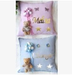 Pembe & Mavi Üzerine Top Dekorlu  Ayıcıklı Takı Yastığı