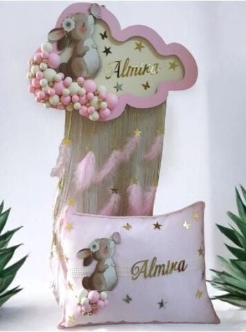 Işıklı Tavşan dekorlu püsküllü Bulut Kapı süsü & Yastık