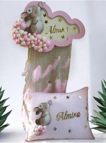 Işıklı Tavşan dekorlu püsküllü Bulut Kapı süsü & Yastık