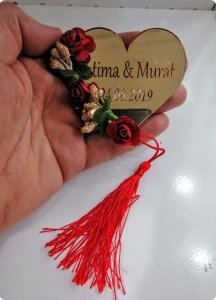 Süslü Kalp Pleksi Ayna İsim Yazılı Magnetli Söz, Nişan Şekeri