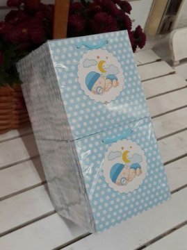 50 Li Bebekli Mavi Karton Çanta 11 x11 Cm