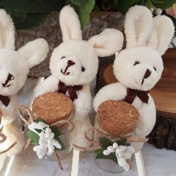 Süslü; Peluş Tavşanlı Tüp Şişe Nikah & Bebek Şekeri