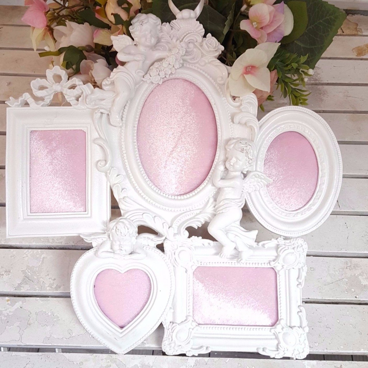 Melekli Beşli (5 li) Polyester Çerçeve Kapı Süsü( pembe fon)
