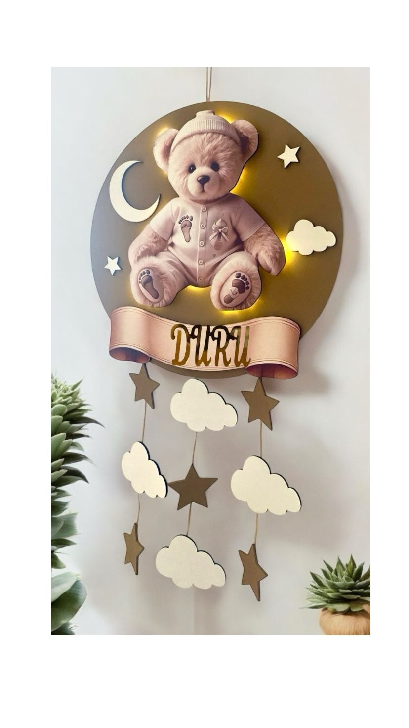 Kahve rengi ışıklı ayıcıklı yuvarlak kapı süsü