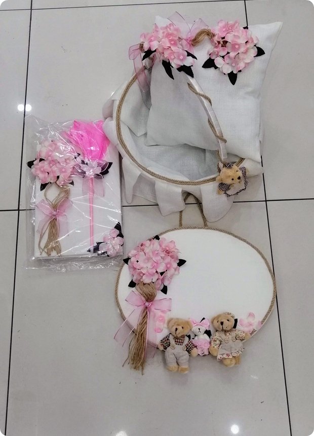 Aile kapı süsü,sepet,takı yastığı,anı defteri (4 lü set Şantuk kumaşlı)