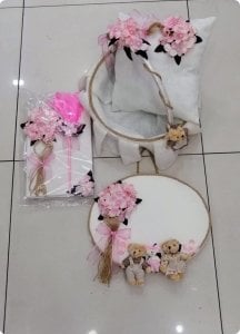 Aile kapı süsü,sepet,takı yastığı,anı defteri (4 lü set Şantuk kumaşlı)