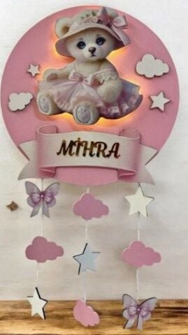 Pembe Ayıcık dekorlu ışıklı yuvarlak Kız kapı süsü