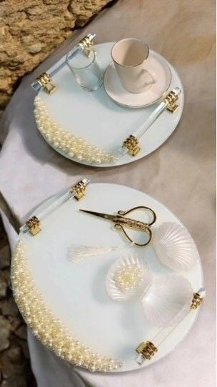 Süslü İnci Dekorlu Yuvarlak Buzlu Tepsi Seti