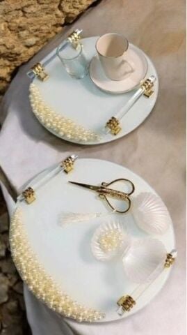 Süslü İnci Dekorlu Yuvarlak Buzlu Tepsi Seti