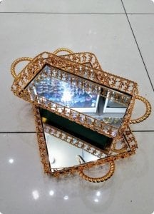 2 li metal çiçek işlemeli tepsi seti