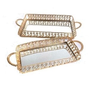 2 li metal çiçek işlemeli tepsi seti