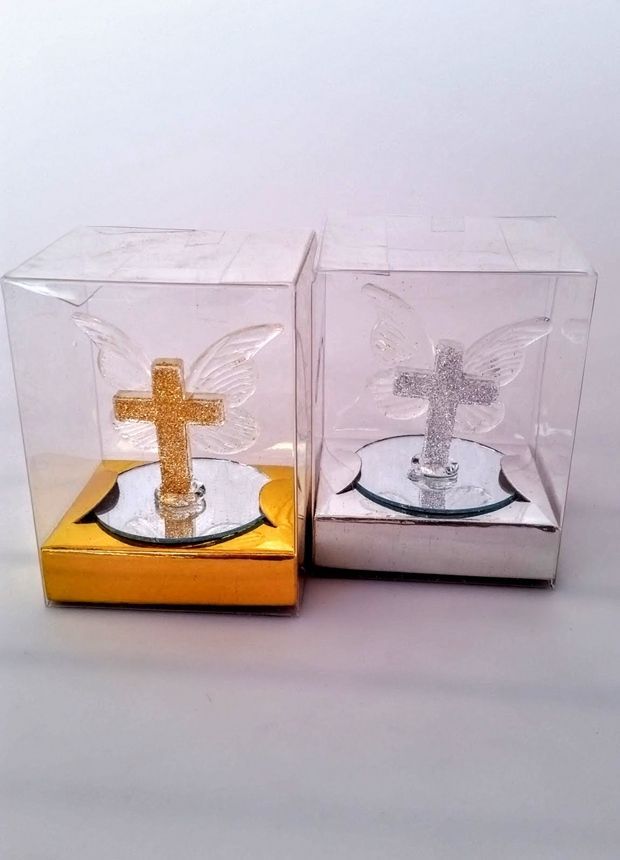 Bebek Vaftiz Şekeri Asetat kutulu Kelebekli Haç Gümüş - 12 Adet / Paket