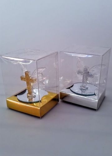 Bebek Vaftiz Şekeri Asetat kutulu Kelebekli Haç Gümüş - 12 Adet / Paket