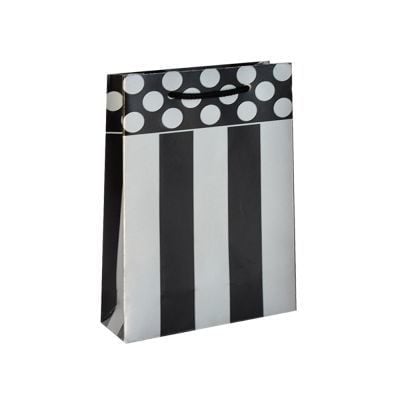 25 Li 11X17 Siyah Gümüş Çizgili/Puantiyeli Karton Çanta