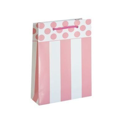 25 Li 11X17 Beyaz Pembe Çizgili/Puantiyeli Karton Çanta