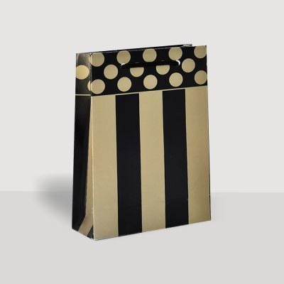 25 Li 11X17 Siyah Altın Çizgili/Puantiyeli Karton Çanta