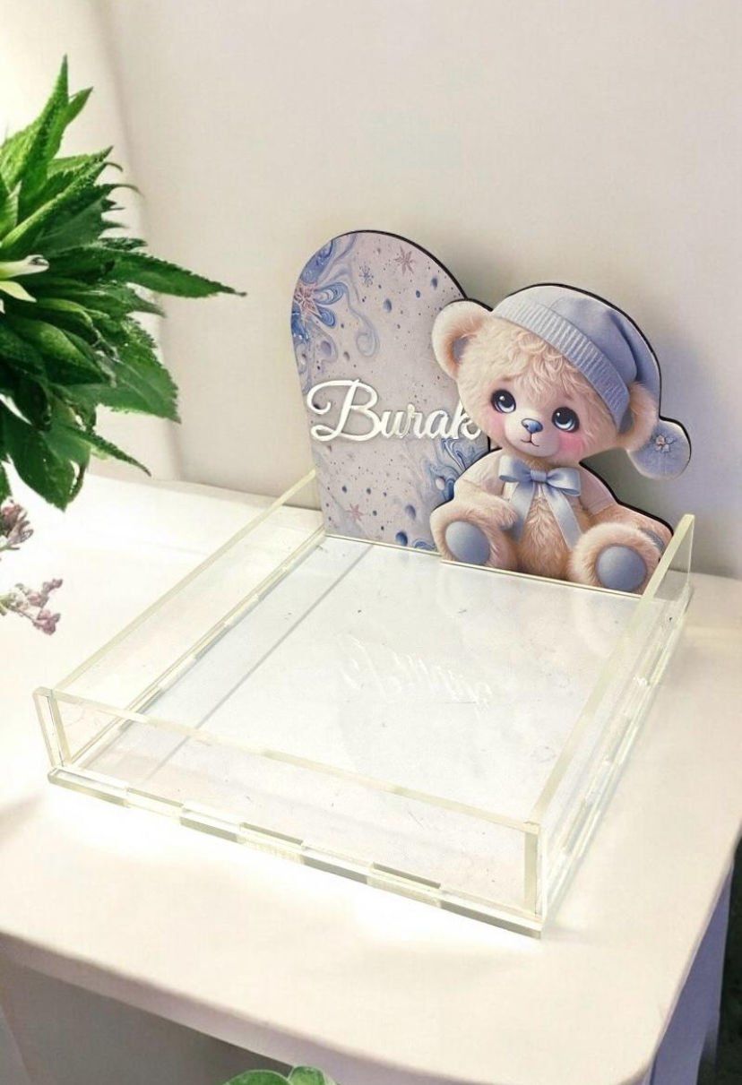 Mavi Ayıcık dekorlu Pleksi çikolata sunum kutusu