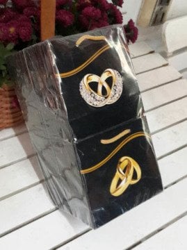 50 Li Siyahta Yüzüklü Düğün Nişan Hediyelik Karton Çanta 11 x11 Cm