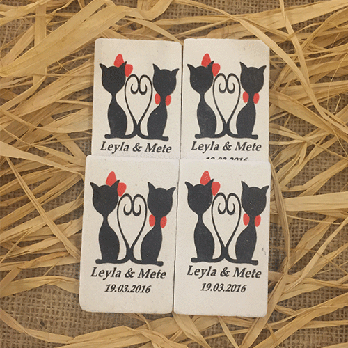 Kedi Figürlü Doğal Taş Baskı Magnet