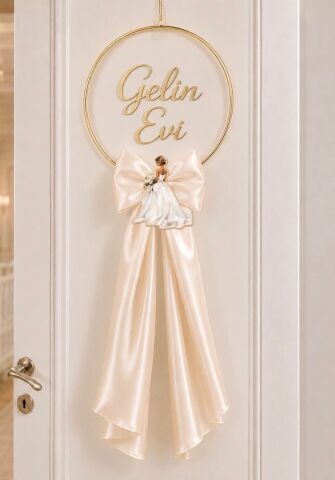 Saten kumaşlı pleksi gelin evi kapı süsü