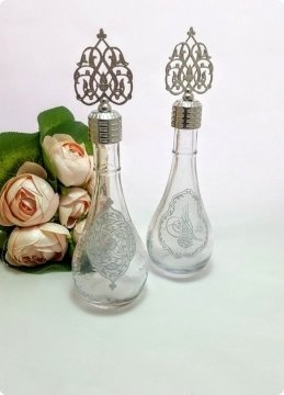 12 li Güneş Metalize Tepelikli Tuğra / Kilim Desenli İksir Cam Kolonya Şişesi