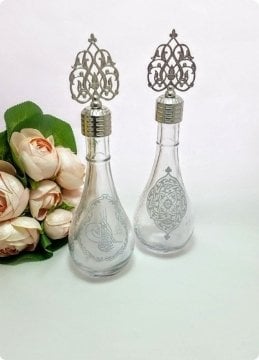 12 li Güneş Metalize Tepelikli Tuğra / Kilim Desenli İksir Cam Kolonya Şişesi