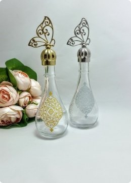 12 li Metal Kelebek Tepelikli Kilim Desenli İksir Cam Kolonya Şişesi